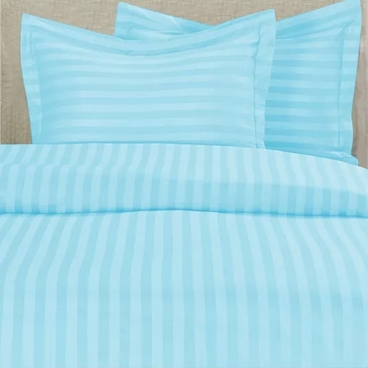 Light blue queen duvet cover set with subtle horizontal stripes, includes two matching pillow shams.