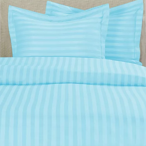 Light blue queen duvet cover set with subtle horizontal stripes, includes two matching pillow shams.