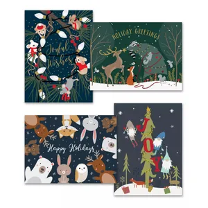 A collection of four holiday greeting cards featuring festive animal and nature illustrations with messages like \“Joyful Wishes,\“ \“Holiday Greetings,\“ \“Happy Holidays,\“ and \“JOY.\“