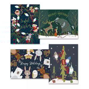 A collection of four holiday greeting cards featuring festive animal and nature illustrations with messages like \“Joyful Wishes,\“ \“Holiday Greetings,\“ \“Happy Holidays,\“ and \“JOY.\“