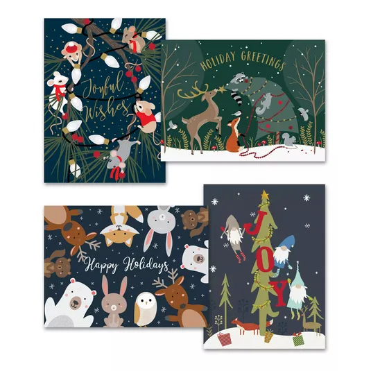 A collection of four holiday greeting cards featuring festive animal and nature illustrations with messages like \“Joyful Wishes,\“ \“Holiday Greetings,\“ \“Happy Holidays,\“ and \“JOY.\“