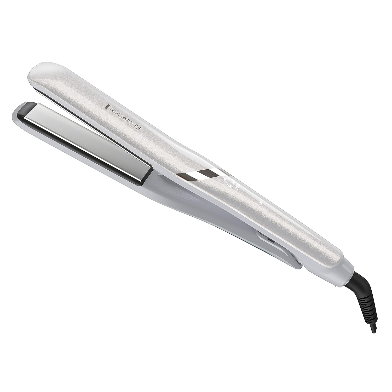 The Remington Cool Mist Flat Iron is a sleek silver styling tool designed to straighten hair, featuring mist technology for added moisture and protection during use.