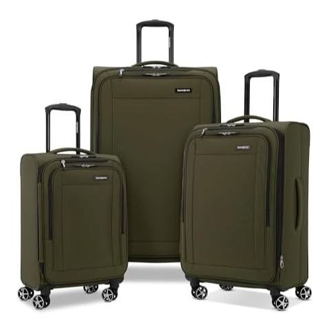 Three olive green suitcases with black handles and spinner wheels, available in different sizes, are displayed.