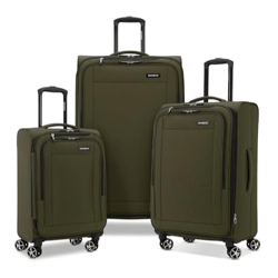 Three olive green suitcases with black handles and spinner wheels, available in different sizes, are displayed.