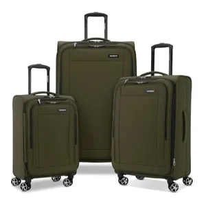 Three olive green suitcases with black handles and spinner wheels, available in different sizes, are displayed.