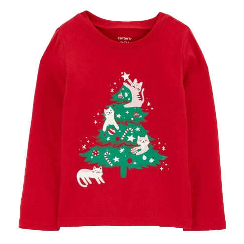 Red long-sleeve children's shirt featuring a Christmas tree design with playful cats and snowflakes.