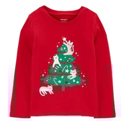 Red long-sleeve children's shirt featuring a Christmas tree design with playful cats and snowflakes.