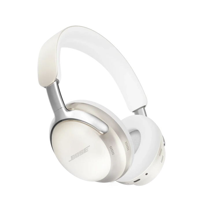 Bose QuietComfort Ultra Headphones are over-ear, noise-cancelling headphones featuring a sleek design in white and silver, known for their comfort and high-quality audio performance.