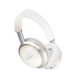 Bose QuietComfort Ultra Headphones are over-ear, noise-cancelling headphones featuring a sleek design in white and silver, known for their comfort and high-quality audio performance.