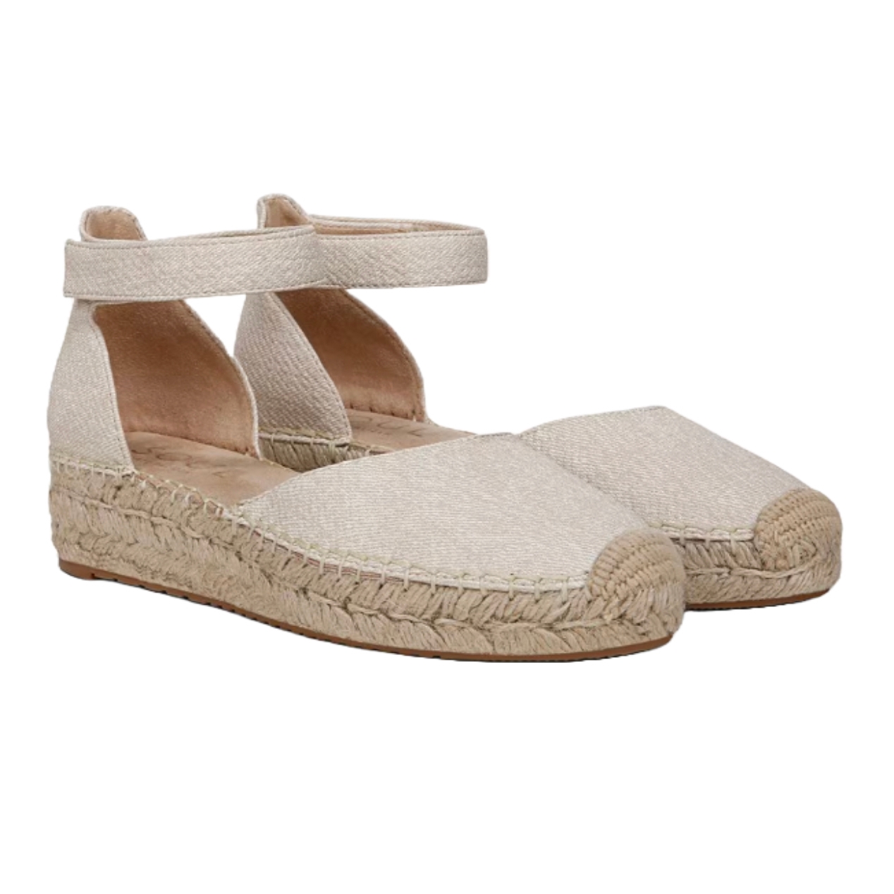 Naturalizer Espadrille Sandals are beige, closed-toe espadrilles featuring an ankle strap and woven jute sole. They offer a classic, casual style with a slightly elevated wedge heel.
