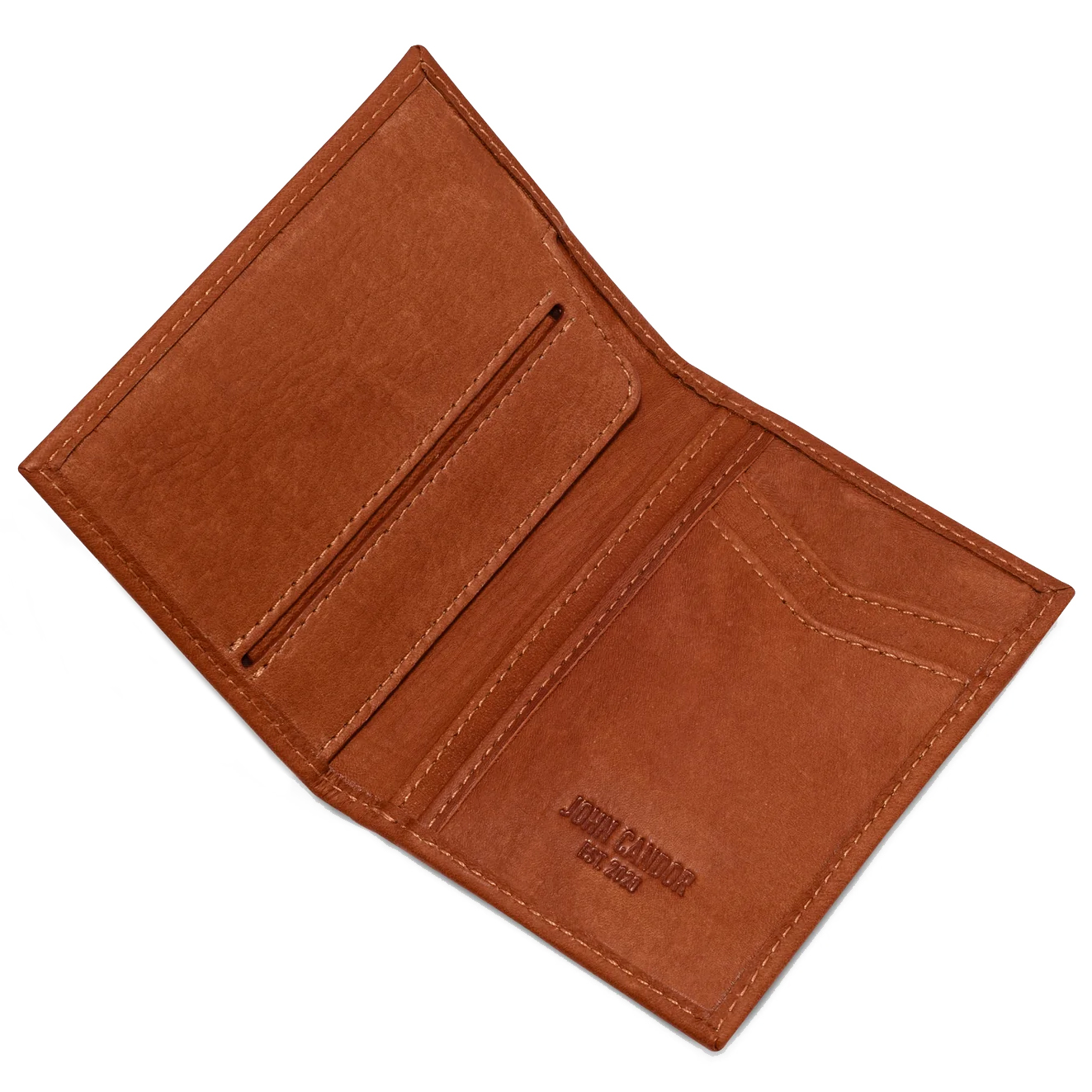 Brown slim leather vertical wallet with multiple card slots and a pocket for bills, featuring embossed text \“JOHN CANDOR EST. 2009\“ on the inside.