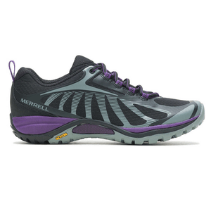 Merrell trail running shoe with a black and gray design, featuring purple accents and a Vibram sole for enhanced traction.