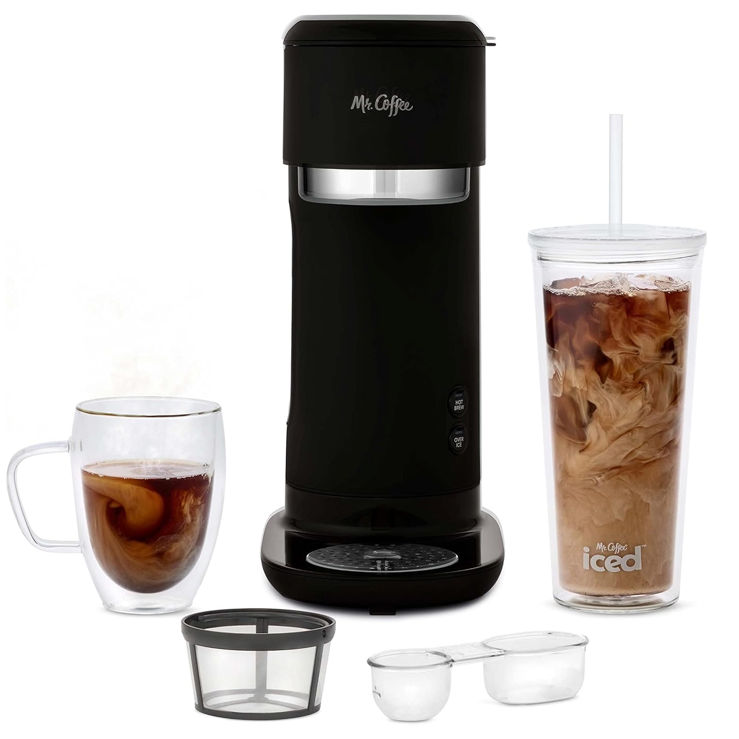 Mr. Coffee Iced & Hot Coffee Maker, a sleek black machine, includes a clear glass mug, iced tumbler with straw, reusable filter, and measuring scoop for versatile brewing options.