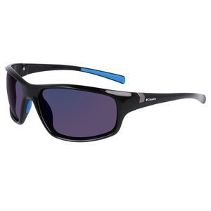 Columbia Polarized Wrap Sunglasses feature a sleek black frame with blue accents and rectangular lenses, designed for optimal UV protection and outdoor use.