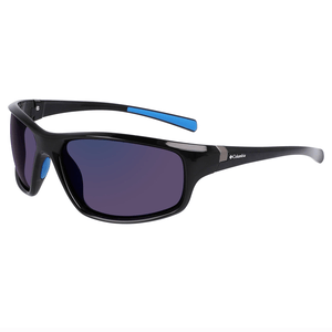 Columbia Polarized Wrap Sunglasses feature a sleek black frame with blue accents and rectangular lenses, designed for optimal UV protection and outdoor use.