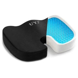 Black memory foam seat cushion with a U-shaped cutout for tailbone relief, featuring a blue gel layer on top for cooling comfort.