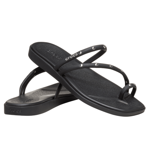 Black Crocs flip flops with strappy design and metal stud accents on the straps.