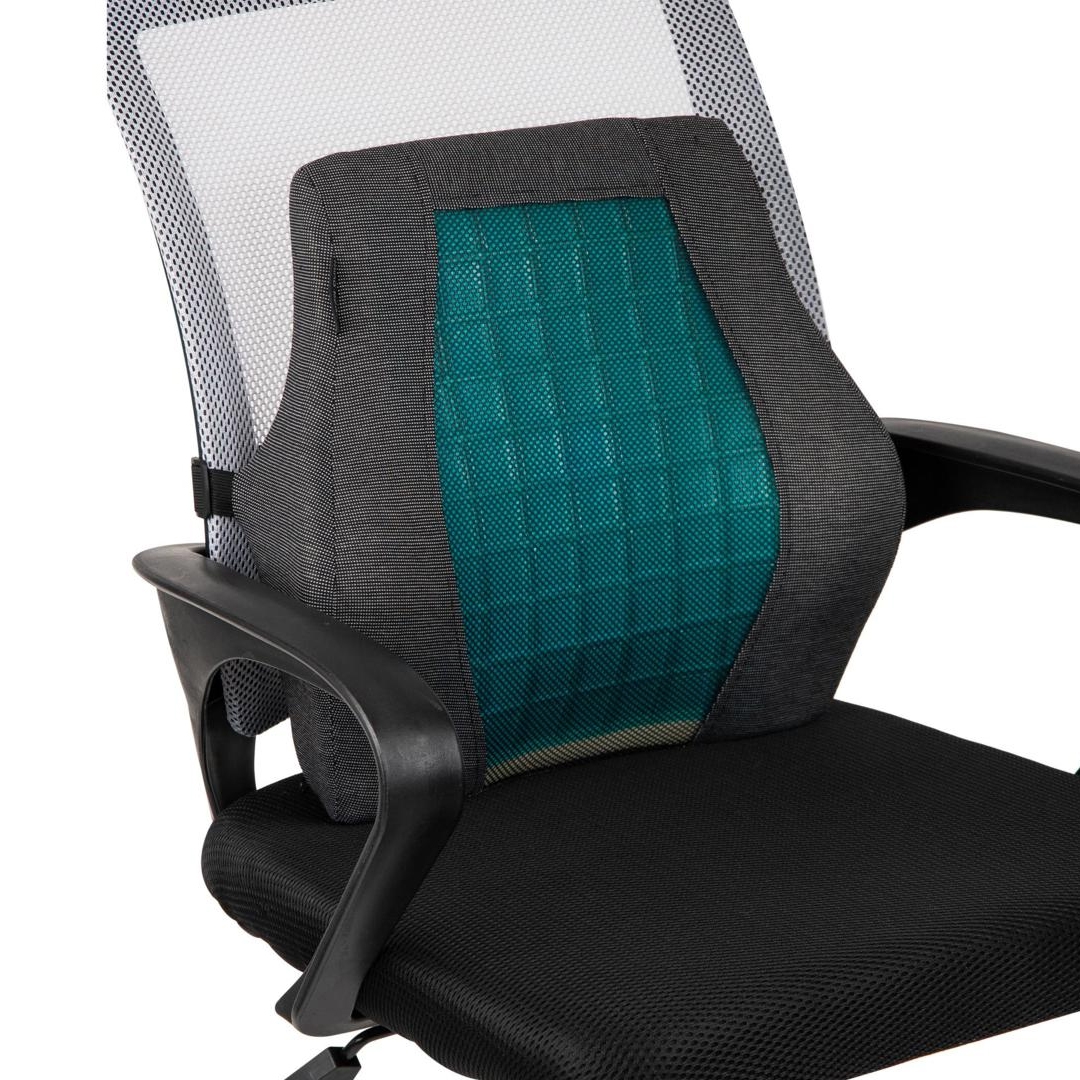 Lumbar support cushion on an office chair, featuring a teal mesh center and durable gray fabric sides for enhanced back support and comfort.