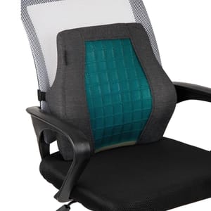 Lumbar support cushion on an office chair, featuring a teal mesh center and durable gray fabric sides for enhanced back support and comfort.