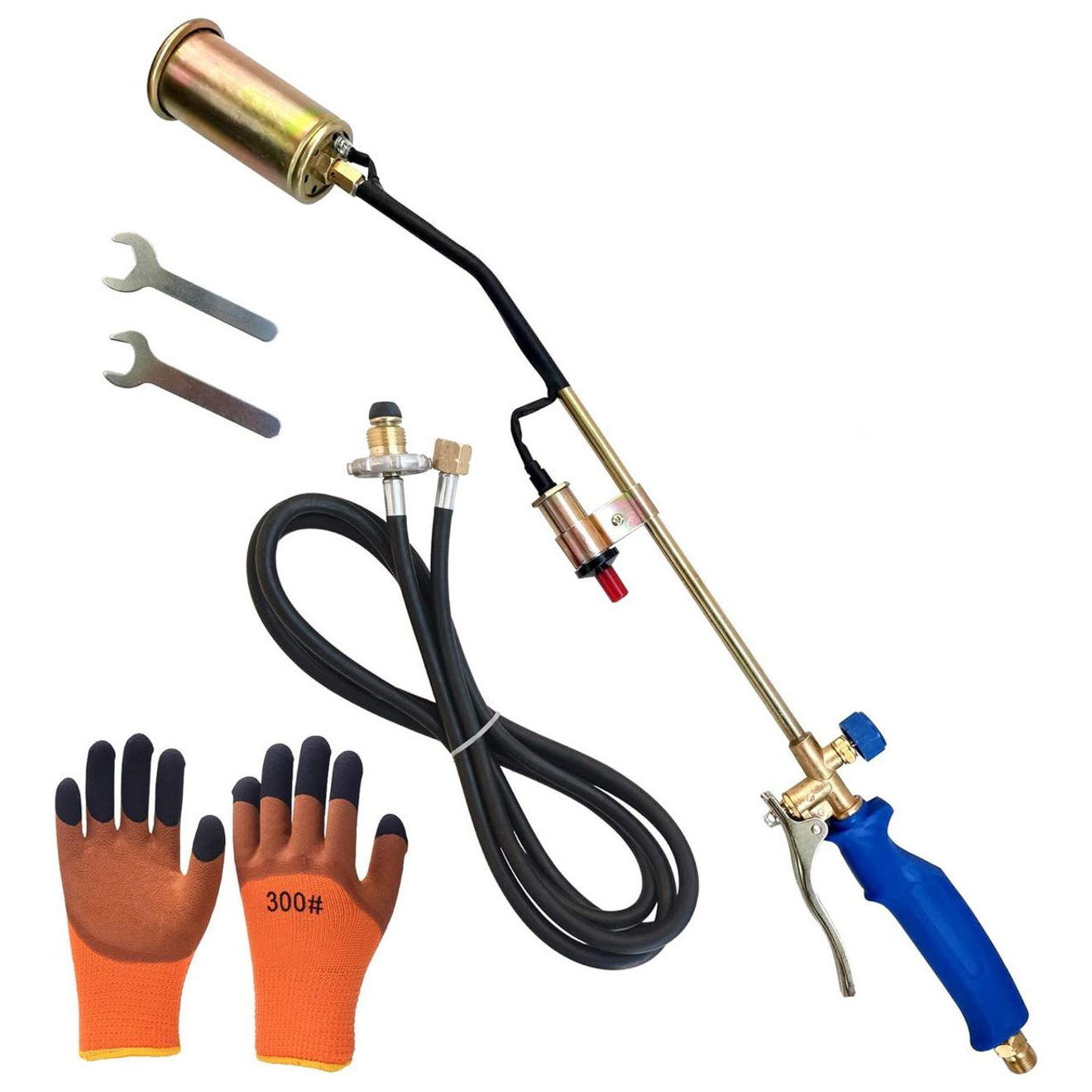 Propane torch weed burner kit with a blue-handled torch, long hose, ignition switch, two wrenches, and a pair of orange gloves.