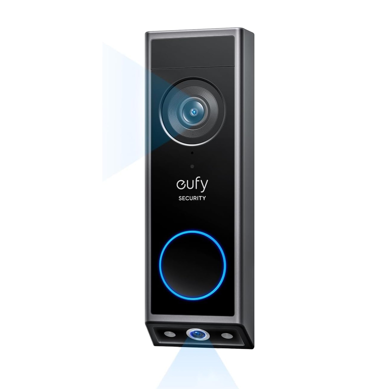 Eufy Battery Video Doorbell features a sleek, vertical design with a camera at the top, circular button in the middle, and an LED indicator. It provides video monitoring and integrates into home security systems.