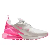 A white and pink athletic shoe, featuring a prominent air cushion in the heel and the Nike logo on the side, designed for casual wear.