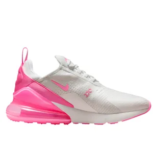 A white and pink athletic shoe, featuring a prominent air cushion in the heel and the Nike logo on the side, designed for casual wear.