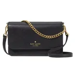 A black Kate Spade New York handbag with gold chain and leather strap features a flap closure with the logo embossed in gold.