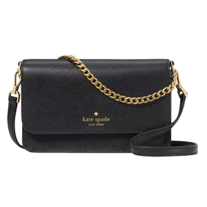 A black Kate Spade New York handbag with gold chain and leather strap features a flap closure with the logo embossed in gold.