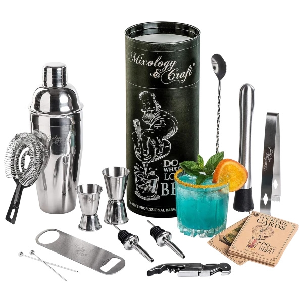 A 14-piece bartending kit featuring a shaker, strainer, jigger, spoon, tongs, muddler, bottle opener, pourers, and a recipe card set. The kit comes in a cylindrical holder with mixology graphics.