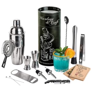A 14-piece bartending kit featuring a shaker, strainer, jigger, spoon, tongs, muddler, bottle opener, pourers, and a recipe card set. The kit comes in a cylindrical holder with mixology graphics.