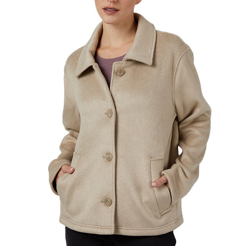 A beige brushed faux wool jacket featuring a classic collar, three front buttons, and two side pockets, paired with a mauve top underneath.