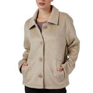 A beige brushed faux wool jacket featuring a classic collar, three front buttons, and two side pockets, paired with a mauve top underneath.