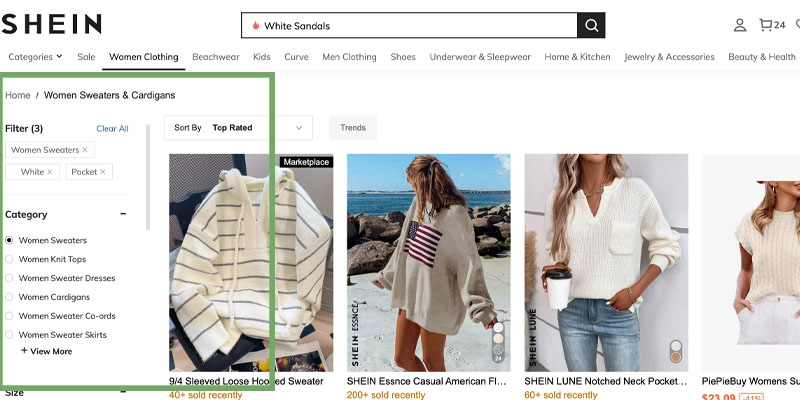 A screenshot of an online clothing store's webpage featuring women's sweaters and cardigans.