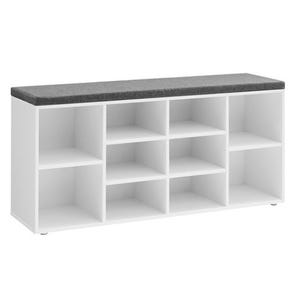 White storage bench with a cushioned top features nine open cubbies in a rectangular design.