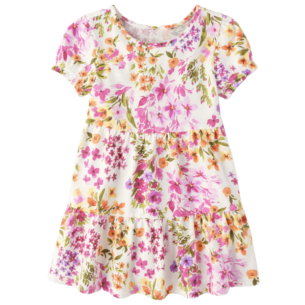 A short-sleeve floral dress with a tiered skirt featuring pink, orange, and green flowers on a white background.