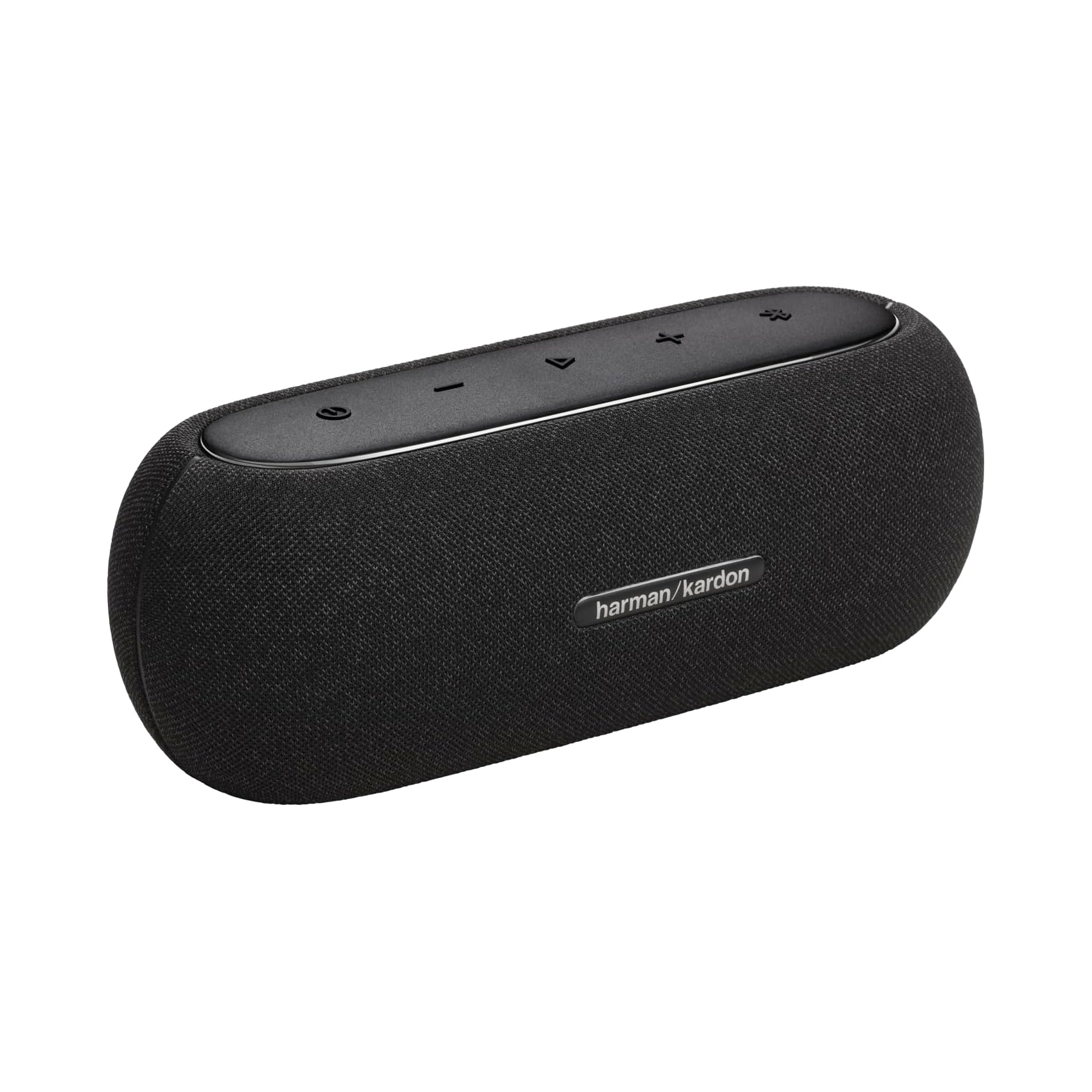 A sleek, black Harman Kardon portable Bluetooth speaker with controls for power, volume, play/pause, and Bluetooth connectivity on top.