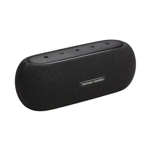 A sleek, black Harman Kardon portable Bluetooth speaker with controls for power, volume, play/pause, and Bluetooth connectivity on top.