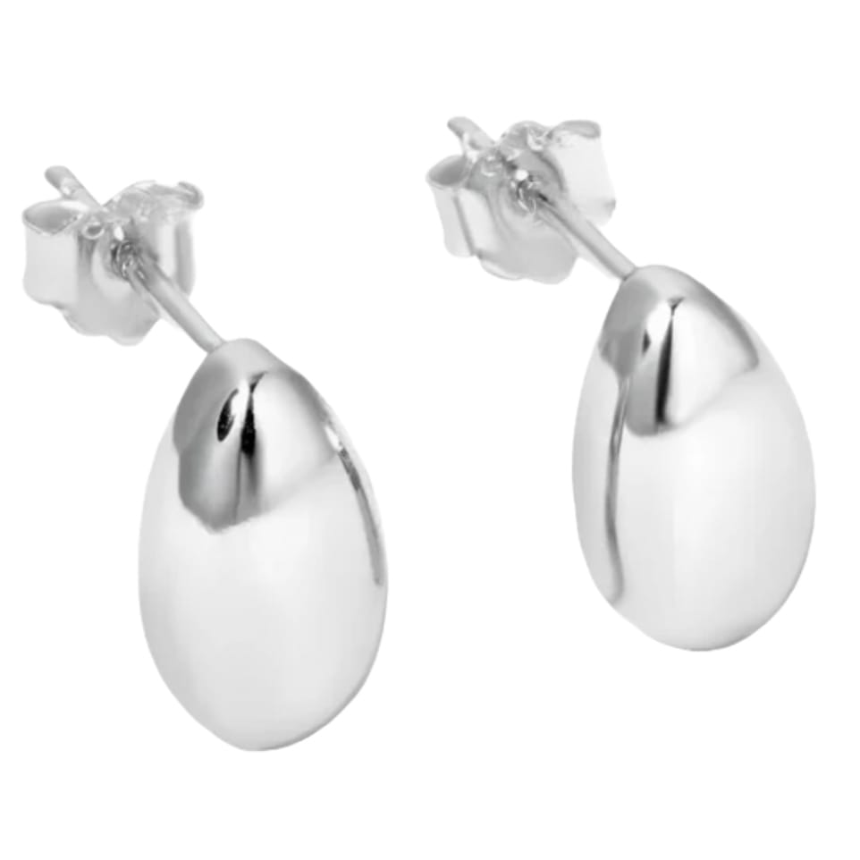 Sterling silver stud earrings with a smooth, oval drop design and butterfly backings.