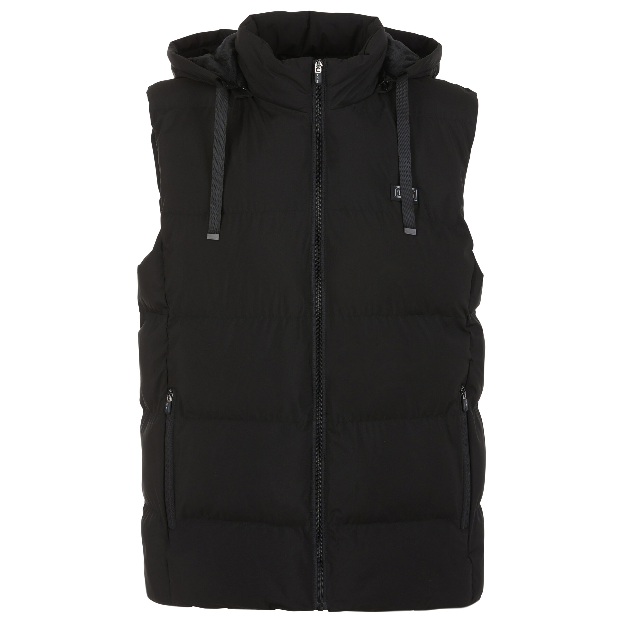 A black, sleeveless vest with a hood, zip-up front, and multiple pockets, designed to provide electric heating.