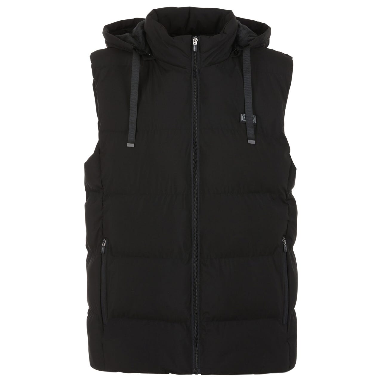 A black, sleeveless vest with a hood, zip-up front, and multiple pockets, designed to provide electric heating.