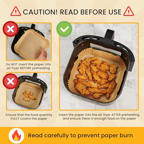 Instructions for using parchment paper in an air fryer: Insert paper only after preheating and ensure food fully covers it to prevent burning.