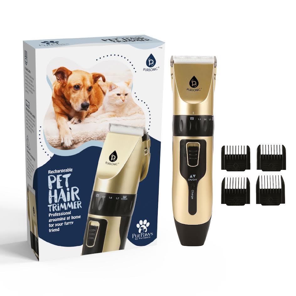 Rechargeable pet hair trimmer set by Pursonic, featuring a gold trimmer with adjustable blade settings, four attachment combs, and packaging displaying a dog and a cat.