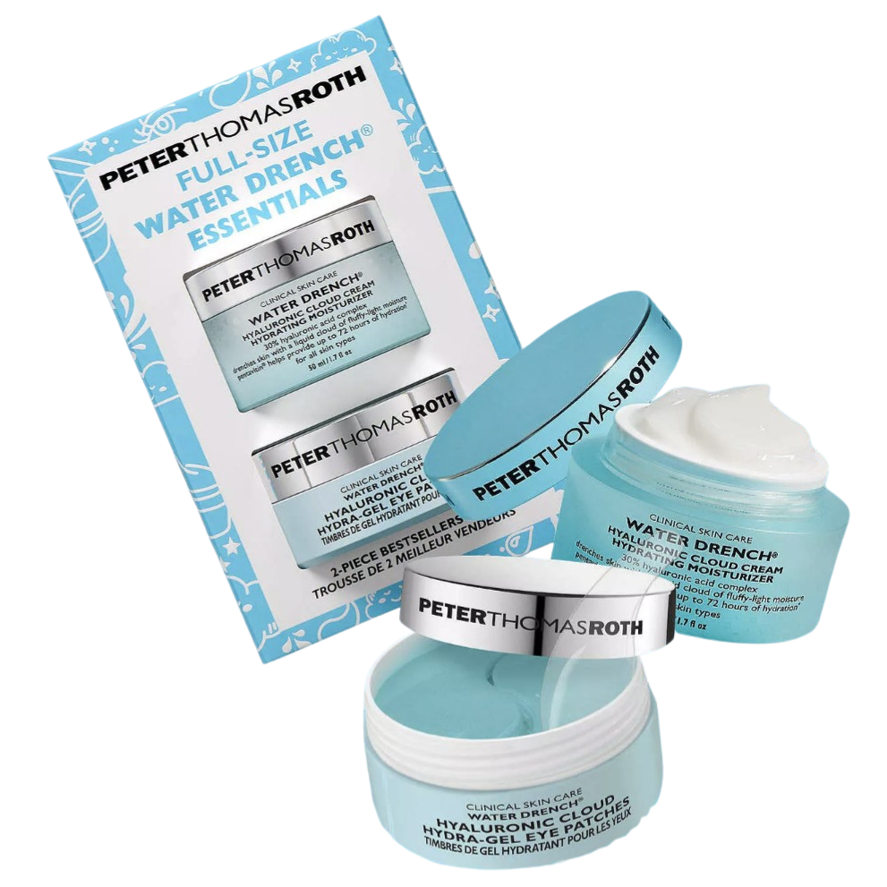 Peter Thomas Roth Water Drench Essentials, including Hyaluronic Cloud Cream Hydrating Moisturizer and Hydra-Gel Eye Patches, featuring blue packaging with black and silver text.