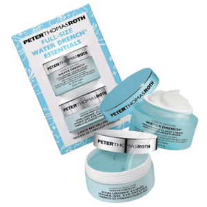 Peter Thomas Roth Water Drench Essentials, including Hyaluronic Cloud Cream Hydrating Moisturizer and Hydra-Gel Eye Patches, featuring blue packaging with black and silver text.