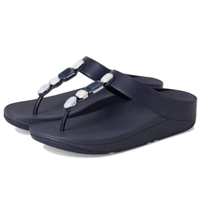 Navy blue thong sandals with gemstone embellishments along the straps, featuring a platform sole for added height and comfort.