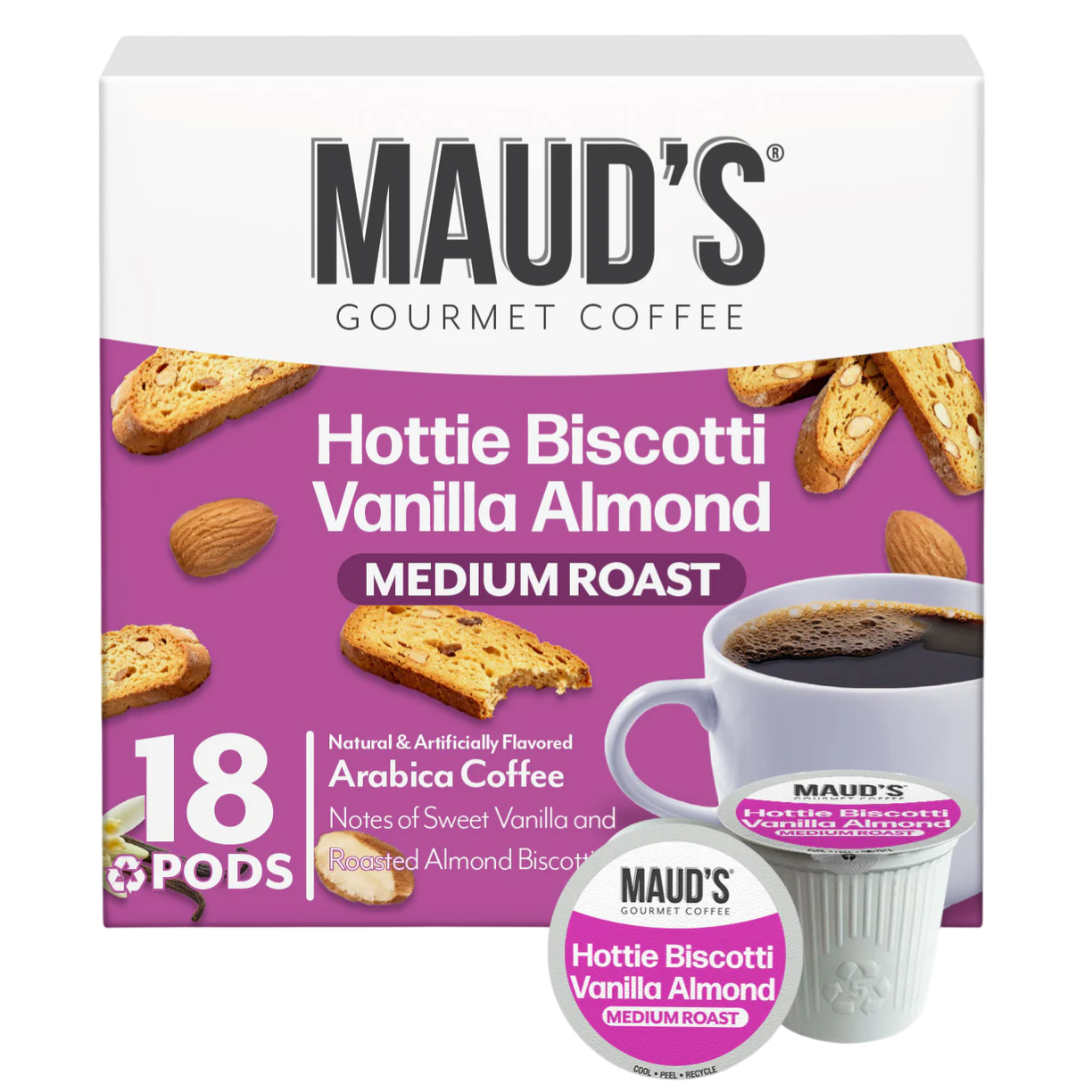 Maud's Gourmet Coffee, Hottie Biscotti Vanilla Almond, medium roast, 18 pods. Natural and artificially flavored Arabica coffee with notes of sweet vanilla and roasted almond biscotti.