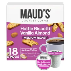 Maud's Gourmet Coffee, Hottie Biscotti Vanilla Almond, medium roast, 18 pods. Natural and artificially flavored Arabica coffee with notes of sweet vanilla and roasted almond biscotti.
