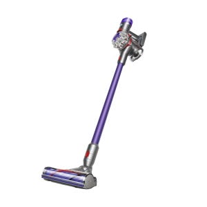 Dyson V8 Origin Plus Vacuum is a cordless, lightweight, stick vacuum with a purple shaft and motorized cleaner head, designed for versatile cleaning across various floor types.