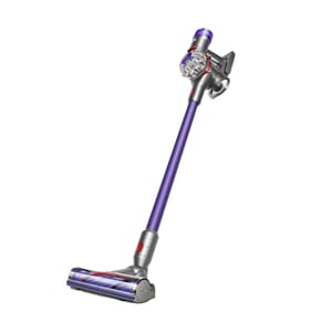 Dyson V8 Origin Plus Vacuum is a cordless, lightweight, stick vacuum with a purple shaft and motorized cleaner head, designed for versatile cleaning across various floor types.